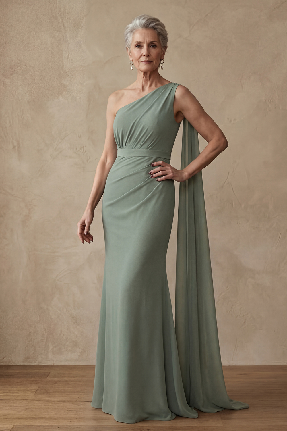 Dusty Sage Long Mermaid One Shoulder Mother of the Bride or Groom Dress