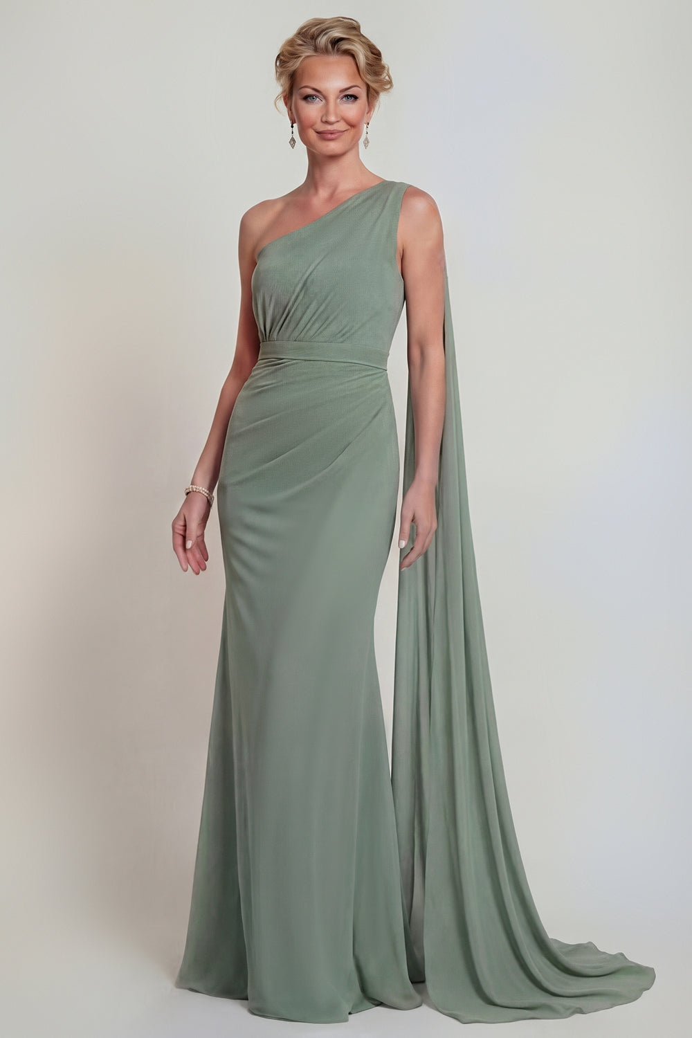 Dusty Sage Long Mermaid One Shoulder Mother of the Bride or Groom Dress