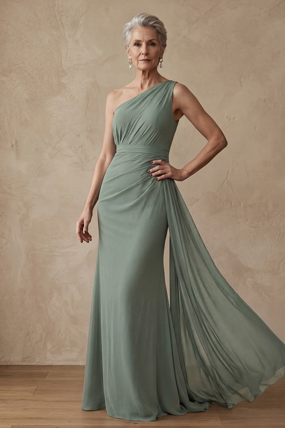 Dusty Sage One Shoulder Long Mermaid Mother of the Bride or Groom Dress