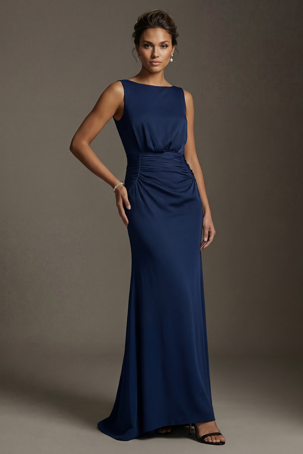 Navy Long Mermaid Bateau Neck Mother of the Bride or Groom Dress
