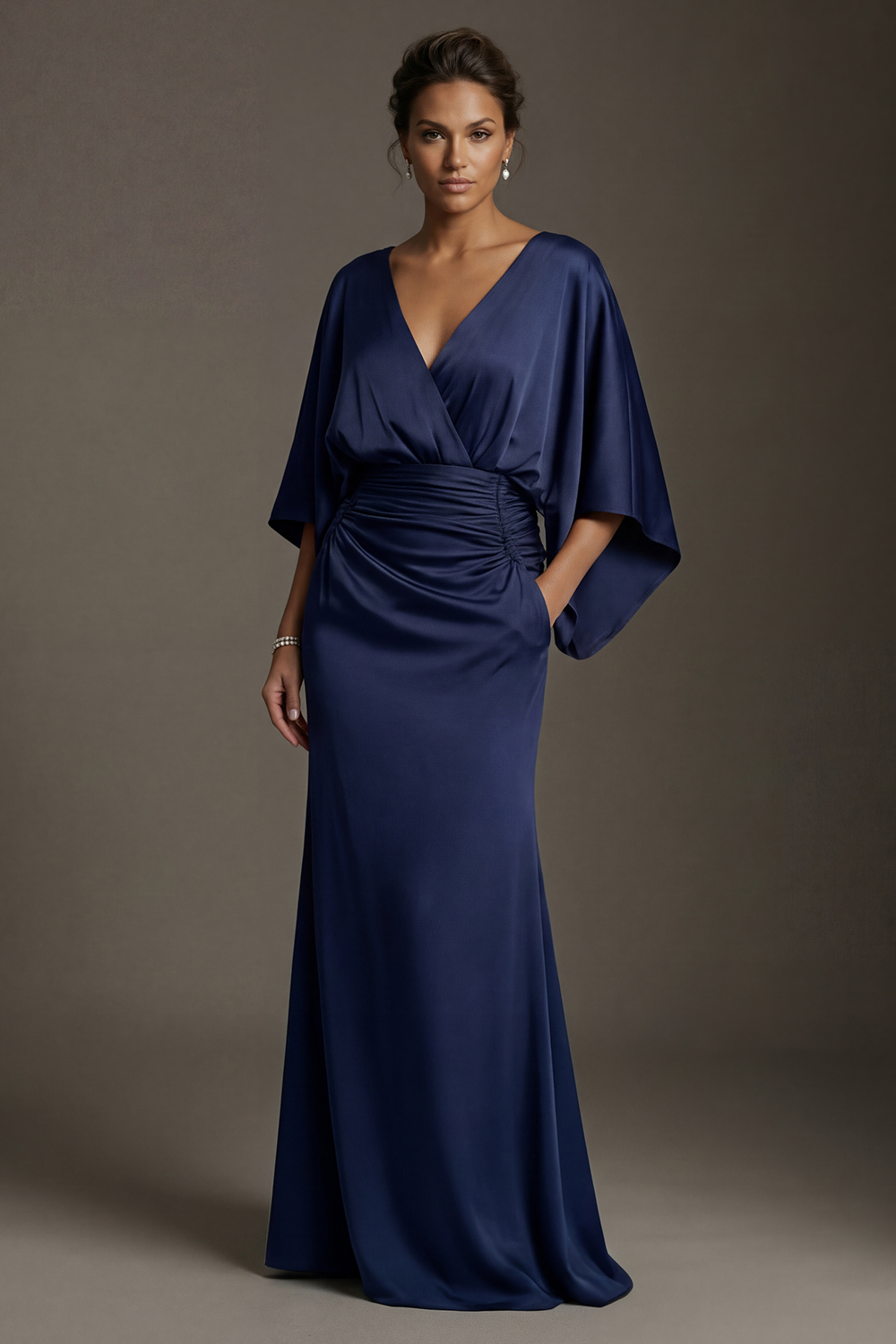 Navy Long V Neck Mermaid Mother of the Bride or Groom Dress with Sleeves