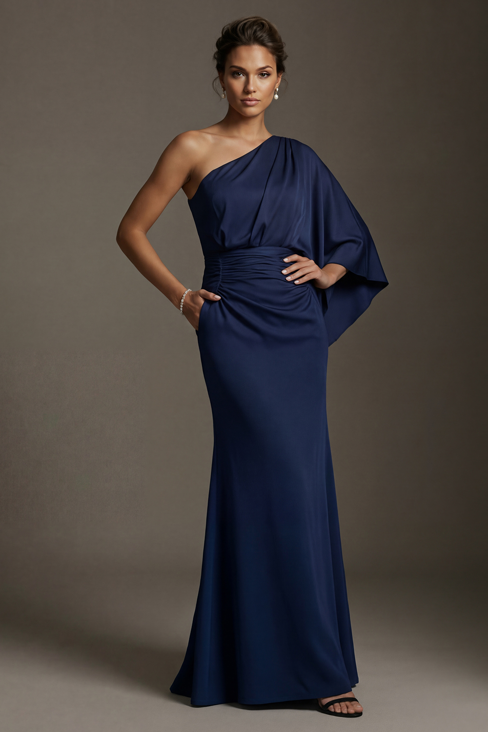 Navy Long One Shoulder Mermaid Mother of the Bride or Groom Dress