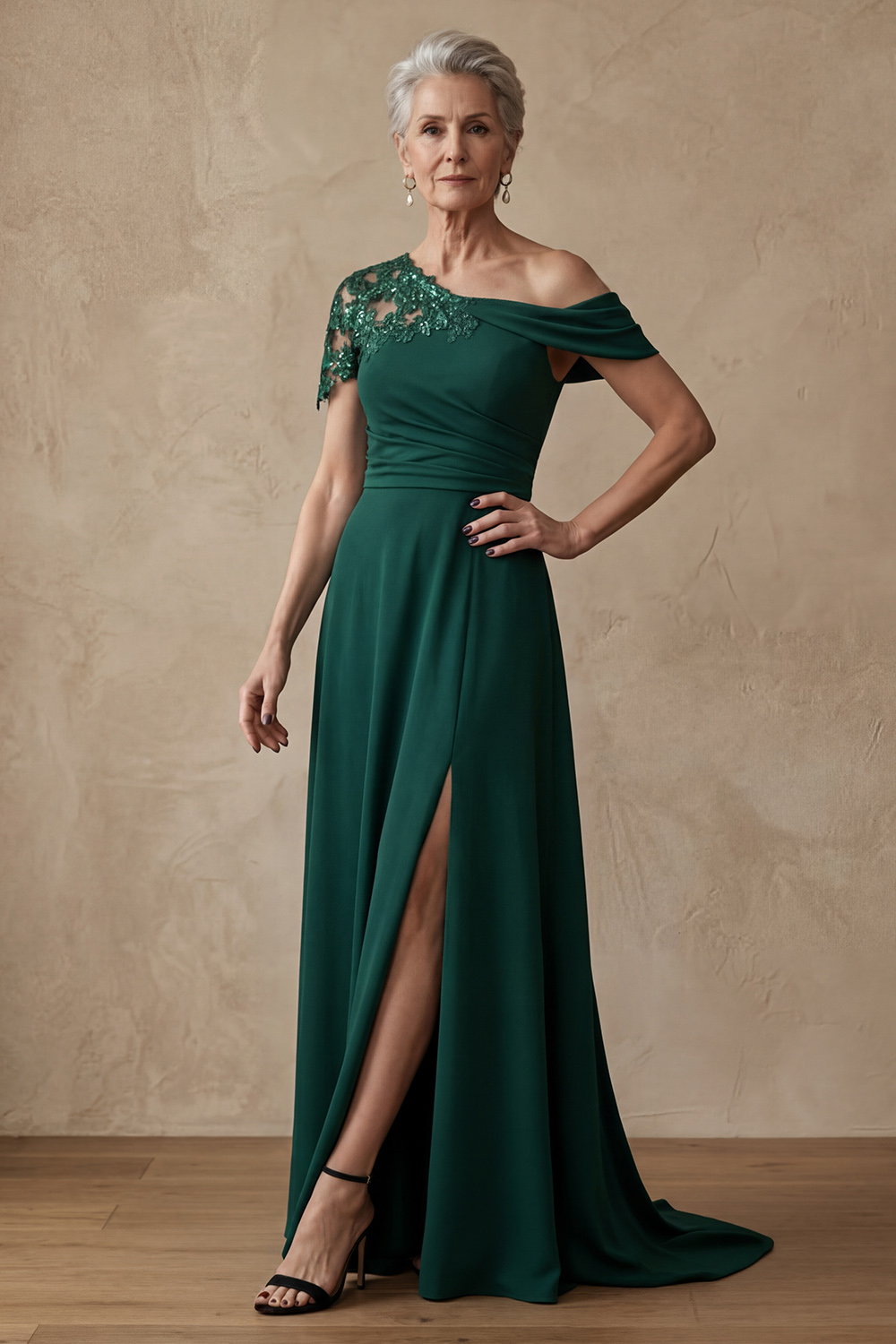 Dark Green Long A Line Appliqued Mother of the Bride or Groom Dress with Slit