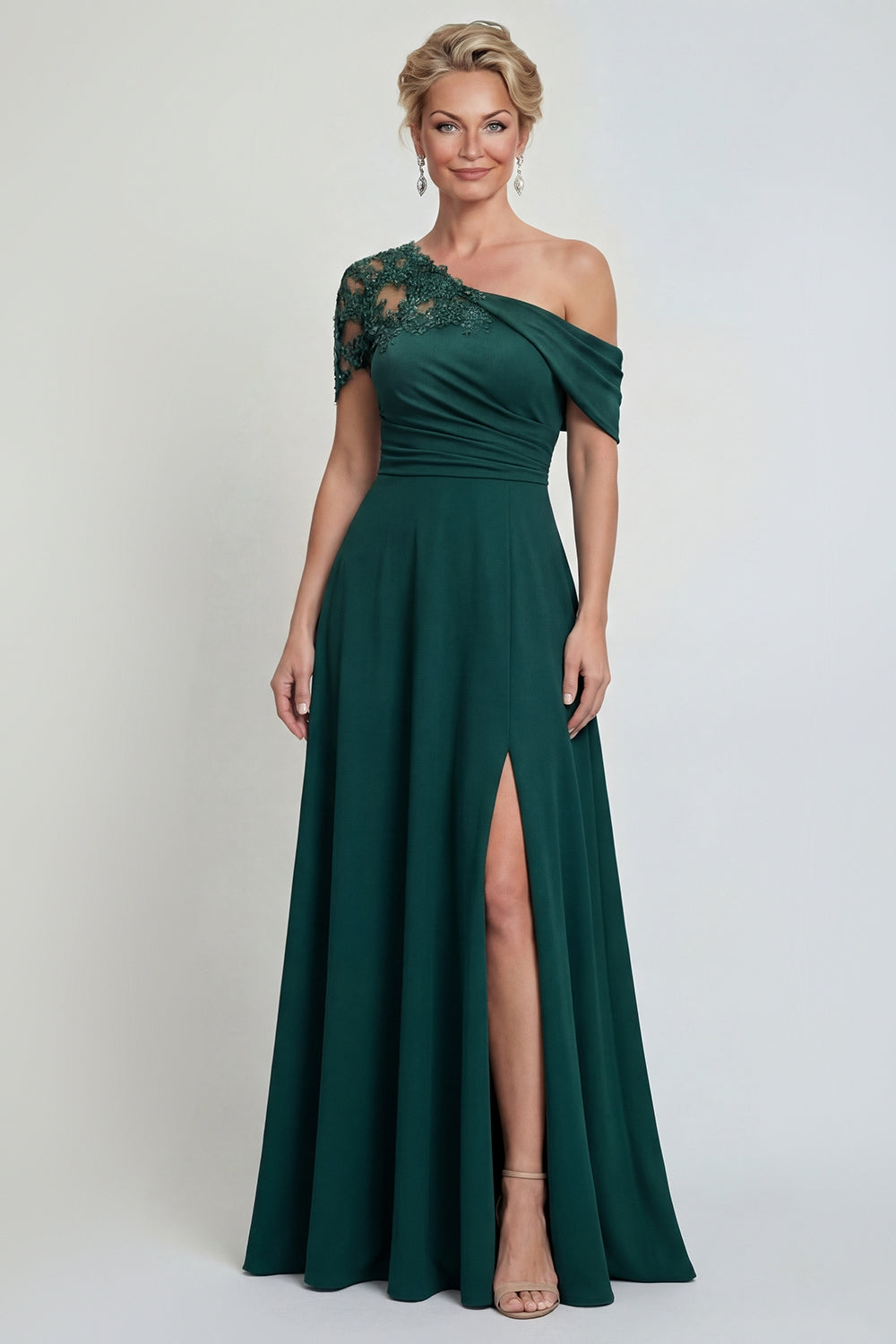 Dark Green Long A Line Appliqued Mother of the Bride or Groom Dress with Slit