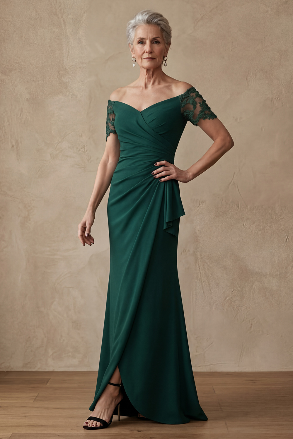 Dark Green Long Mermaid Off the Shoulder Mother of the Bride or Groom Dress with Lace
