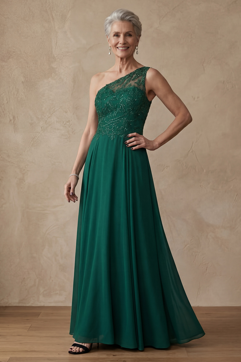 Dark Green Sparkly Beaded Long A Line Mother of the Bride or Groom Dress