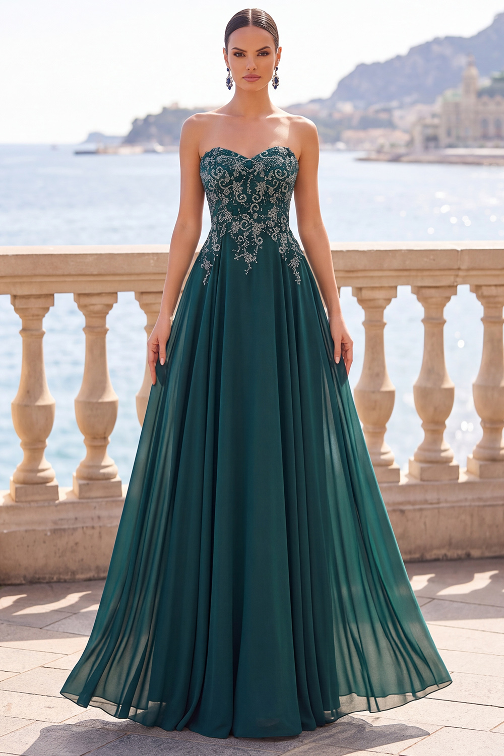 Sparkly Dark Green Beaded Strapless Long Mother of the Bride or Groom Dress