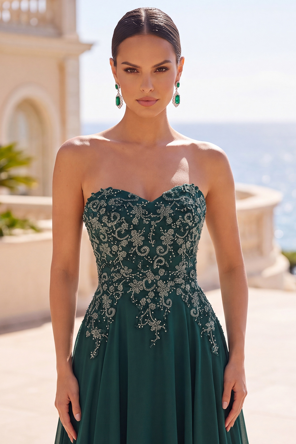 Sparkly Dark Green Beaded Strapless Long Mother of the Bride or Groom Dress