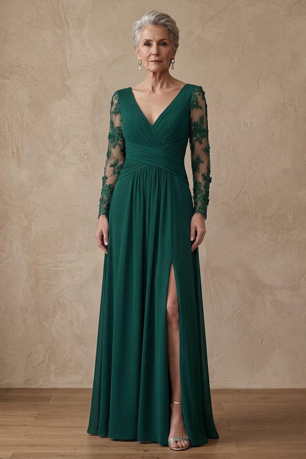 Dark Green Long A Line V Neck Mother of the Bride or Groom Dress with Sleeves