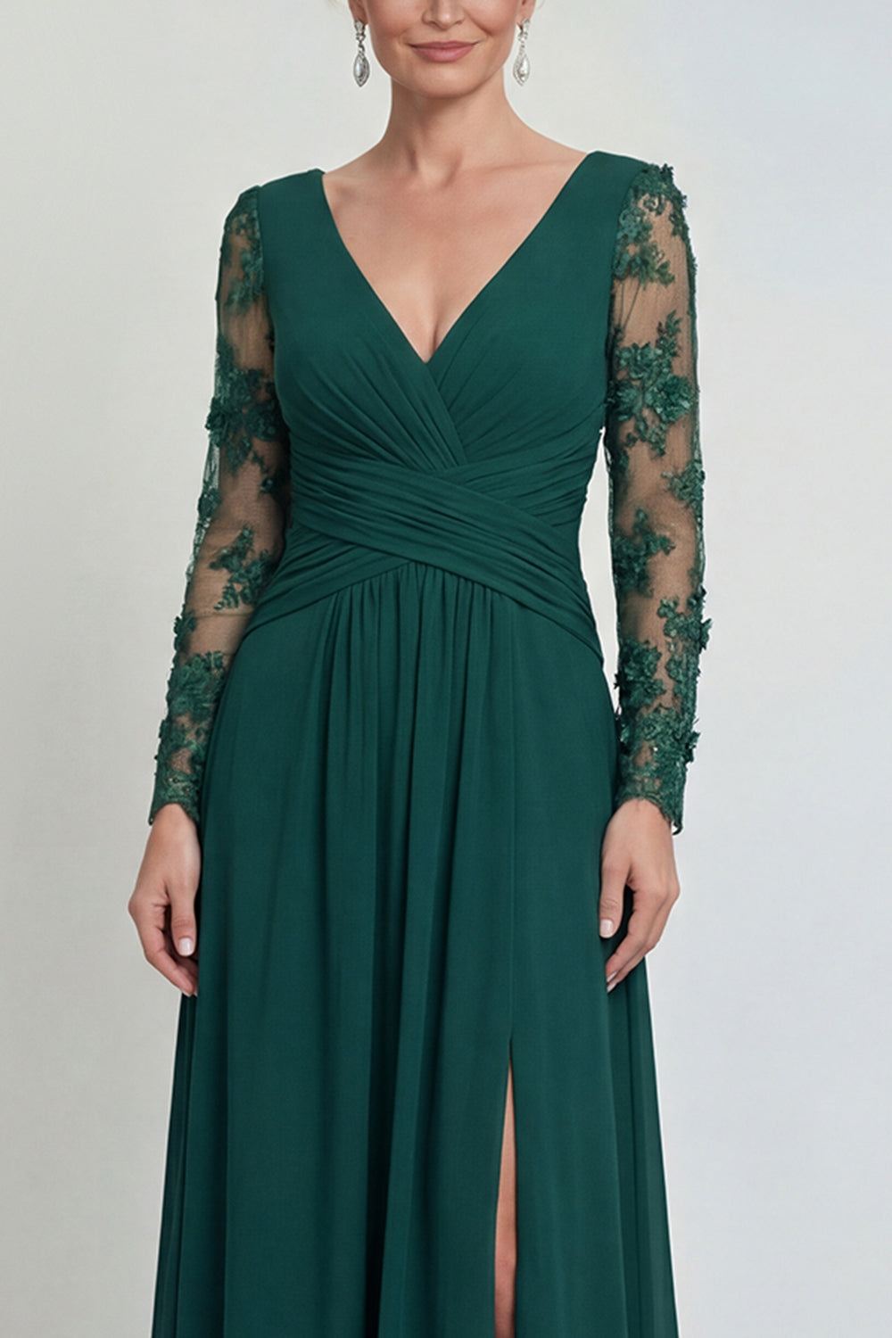 Dark Green Long A Line V Neck Mother of the Bride or Groom Dress with Sleeves
