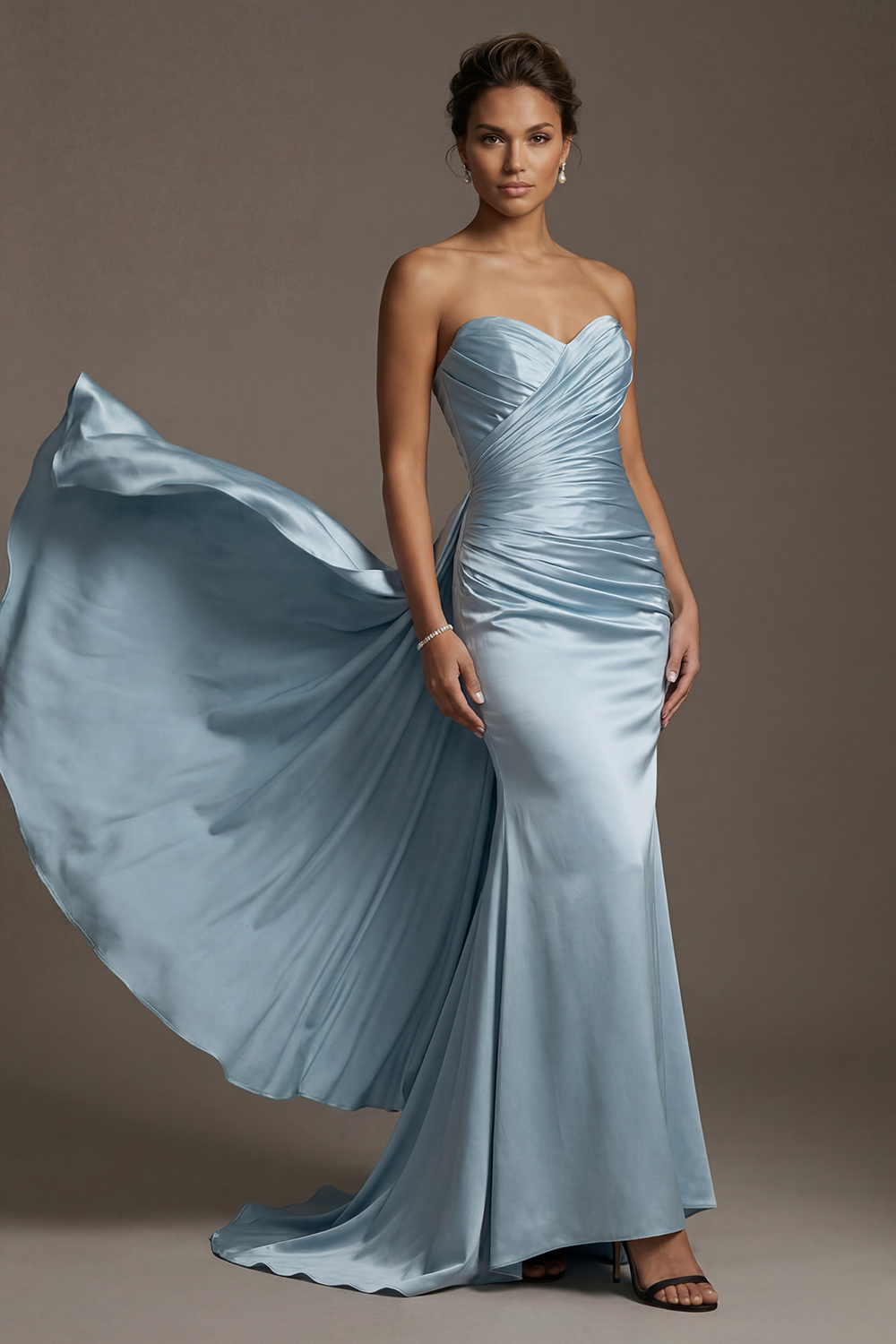 Blue Strapless Ruched Long Mermaid Mother of the Bride or Groom Dress with Side Cape