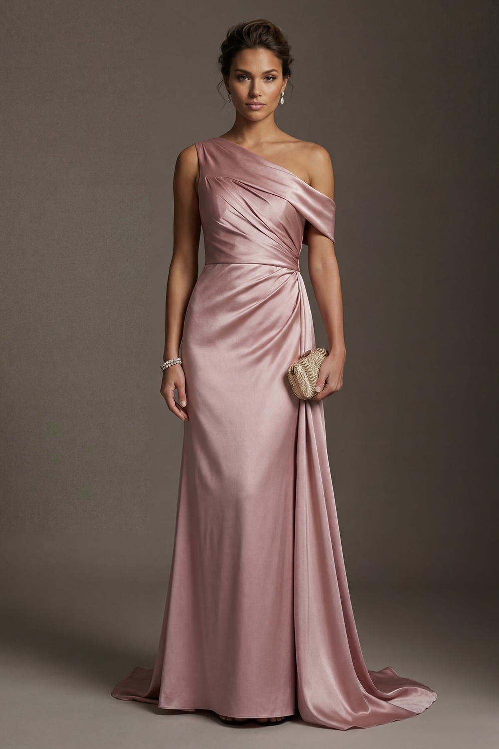 Blush Long One Shoulder Mermaid Mother of the Bride or Groom Dress with Side Cape