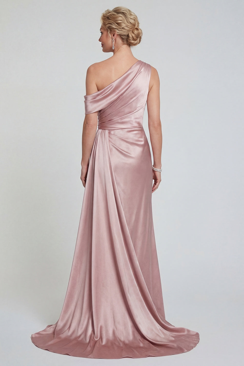Blush Long One Shoulder Mermaid Mother of the Bride or Groom Dress with Side Cape