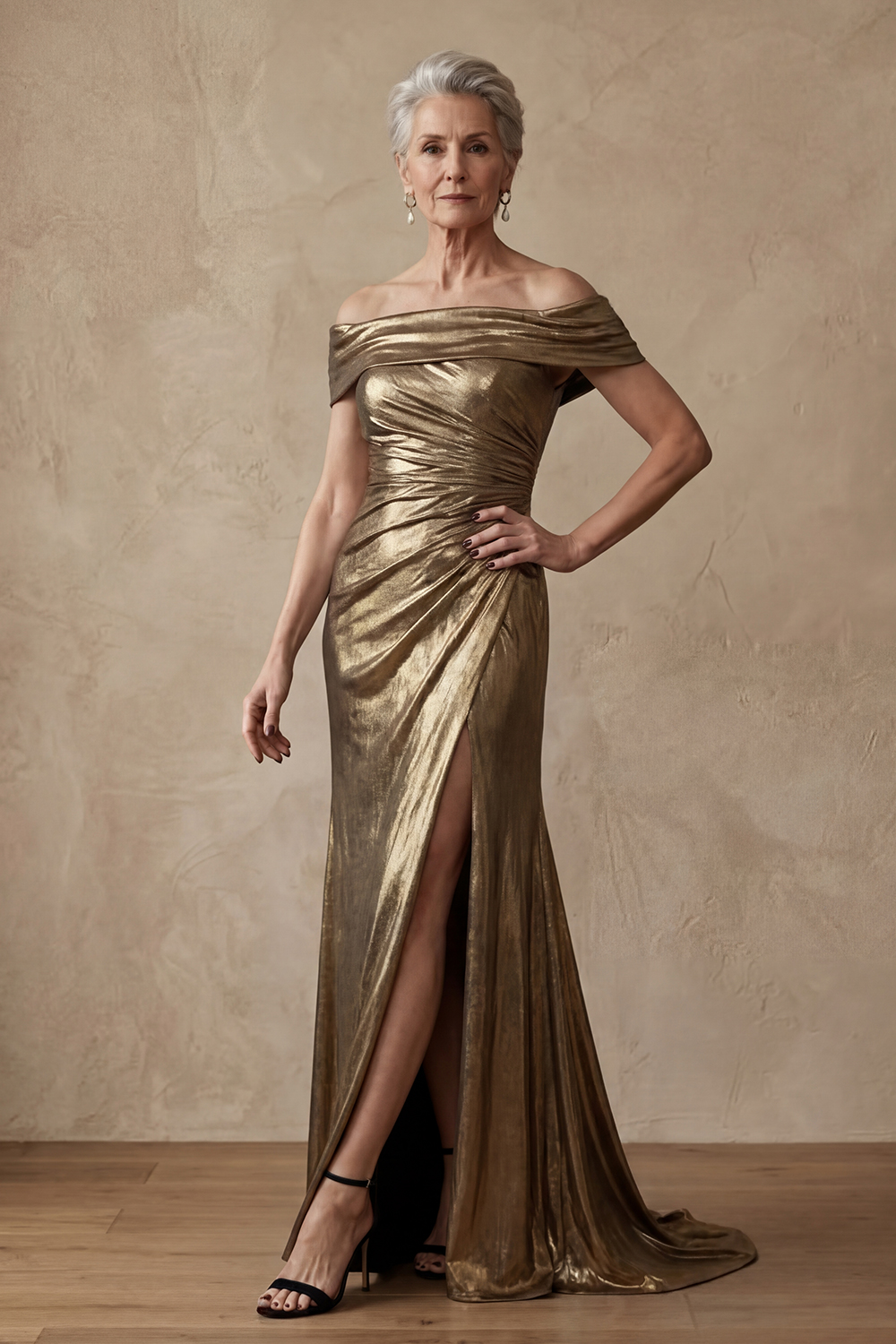 Golden One Shoulder Long Metallic Mermaid Mother of the Bride or Groom Dress