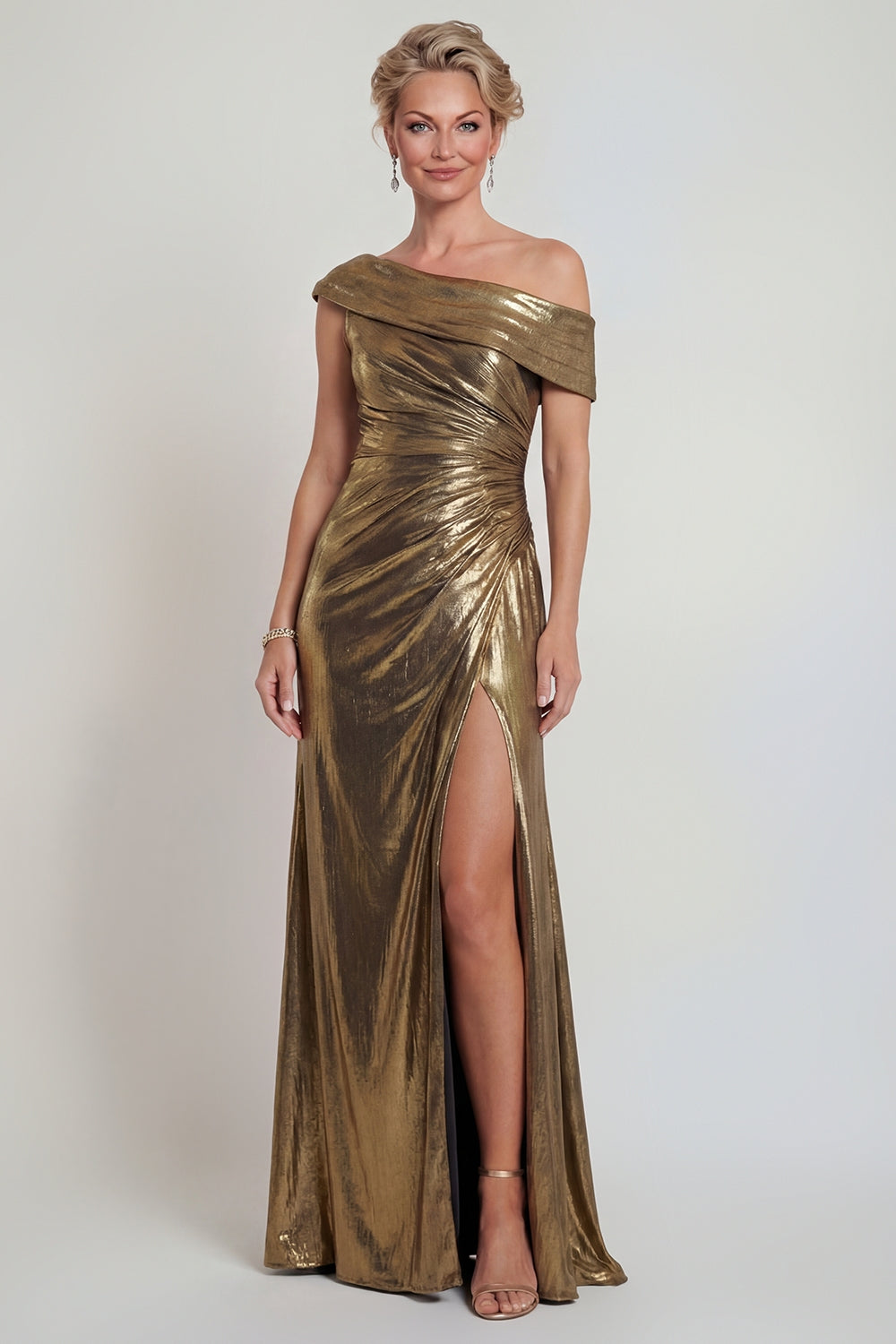 Golden One Shoulder Long Metallic Mermaid Mother of the Bride or Groom Dress