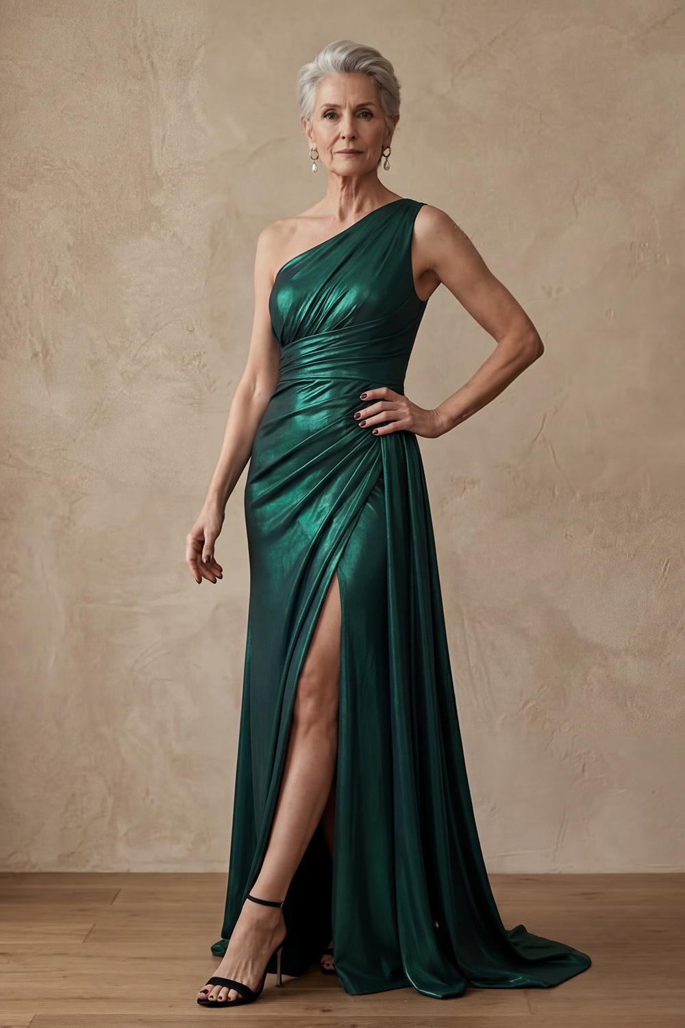 Dark Green Long Sheath One Shoulder Metallic Mother of the Bride or Groom Dress with Slit