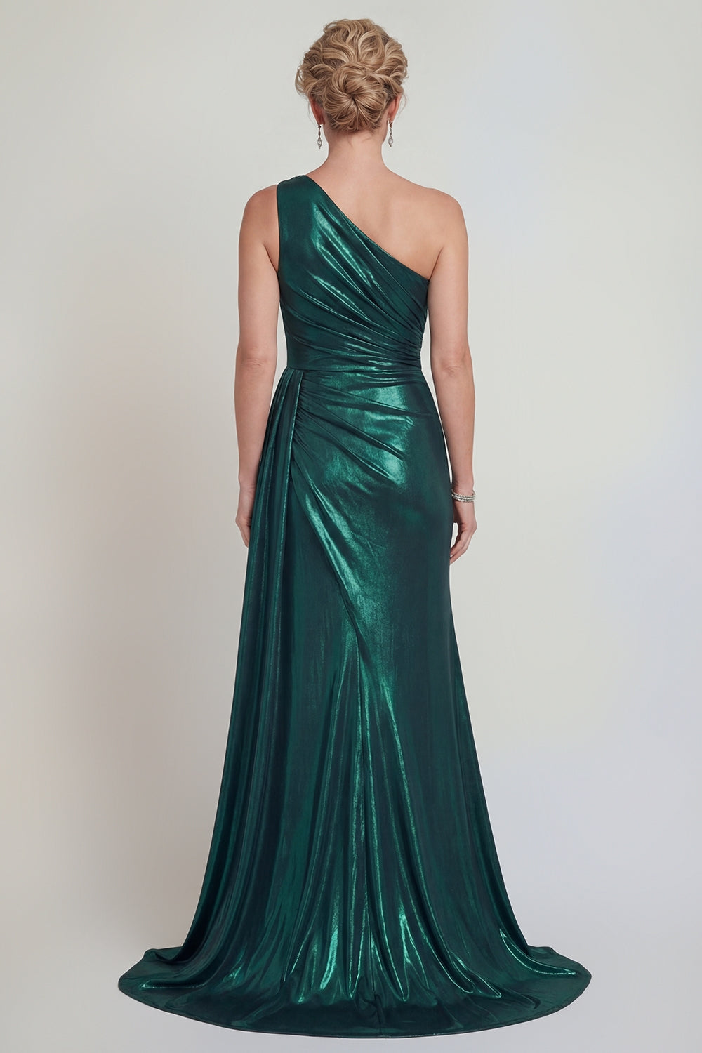 Dark Green Long Sheath One Shoulder Metallic Mother of the Bride or Groom Dress with Slit
