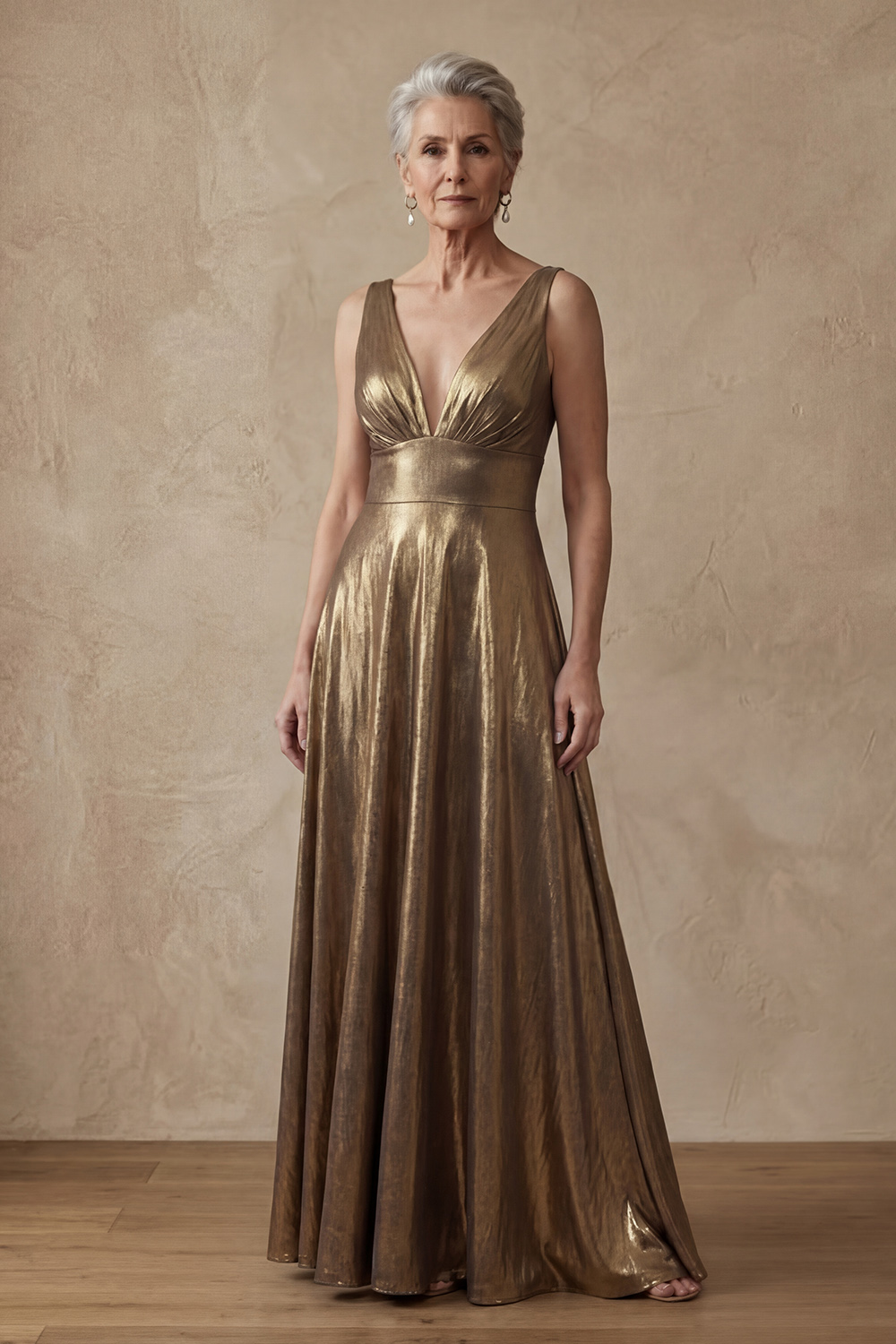 Golden Long V Neck A Line Mother of the Bride or Groom Dress