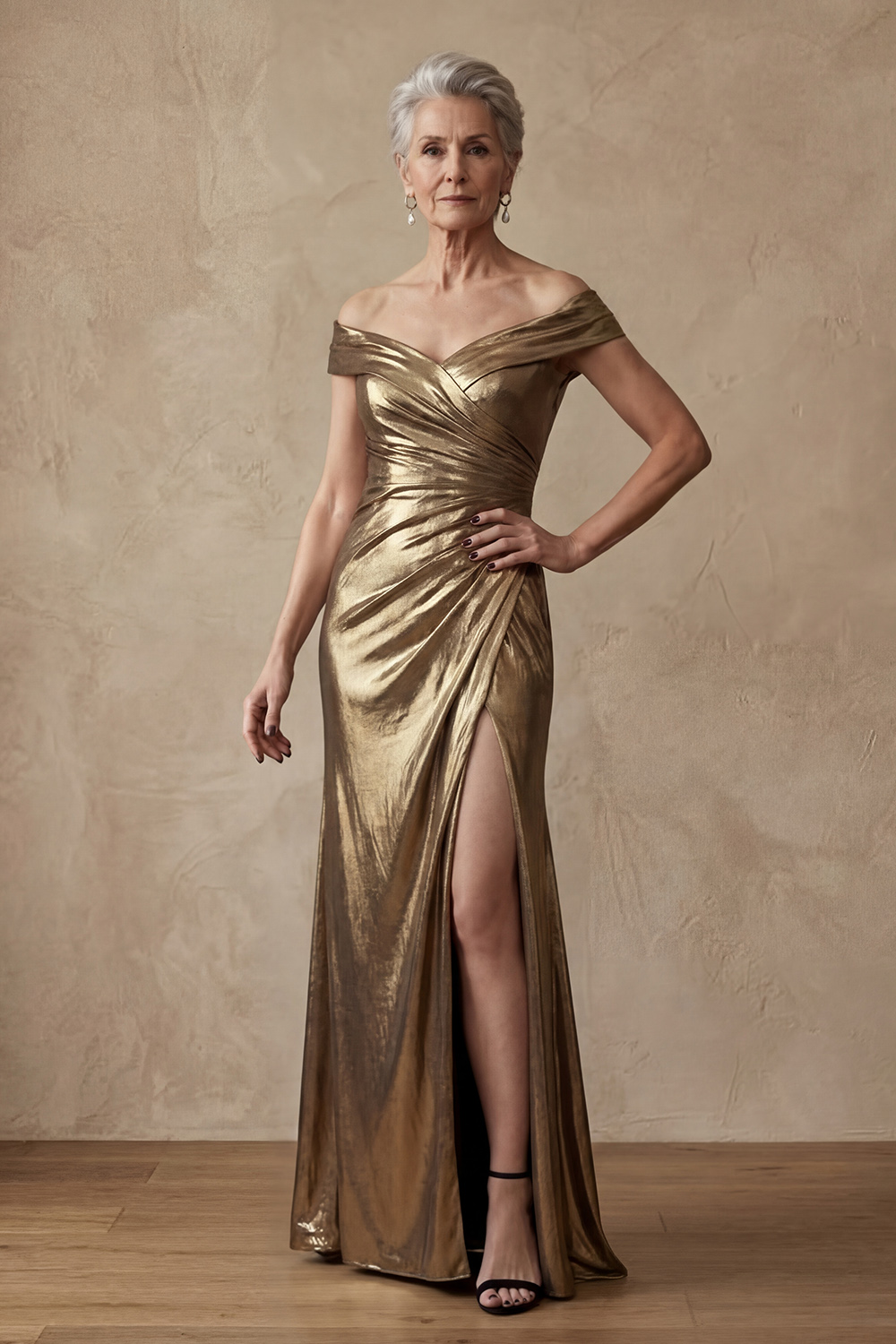 Golden Off the Shoulder Metallic Long Mermaid Mother of the Bride or Groom Dress