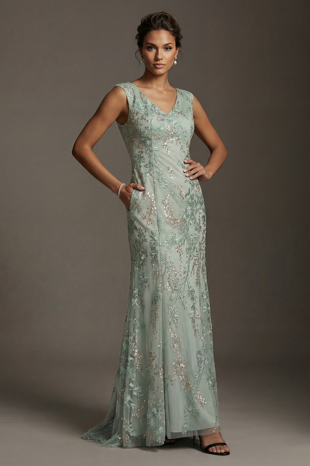 Sparkly Green Long V Neck Beaded Mother of the Bride or Groom Dress