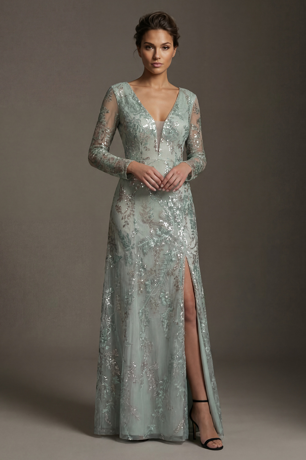 Sparkly Green Floral Sequin Long A Line Mother of the Bride or Groom Dress with Slit