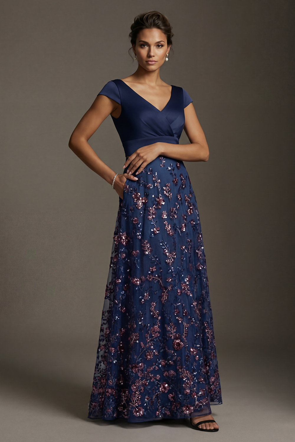 Sparkly Navy Beaded Long Floral A Line Mother of the Bride or Groom Dress