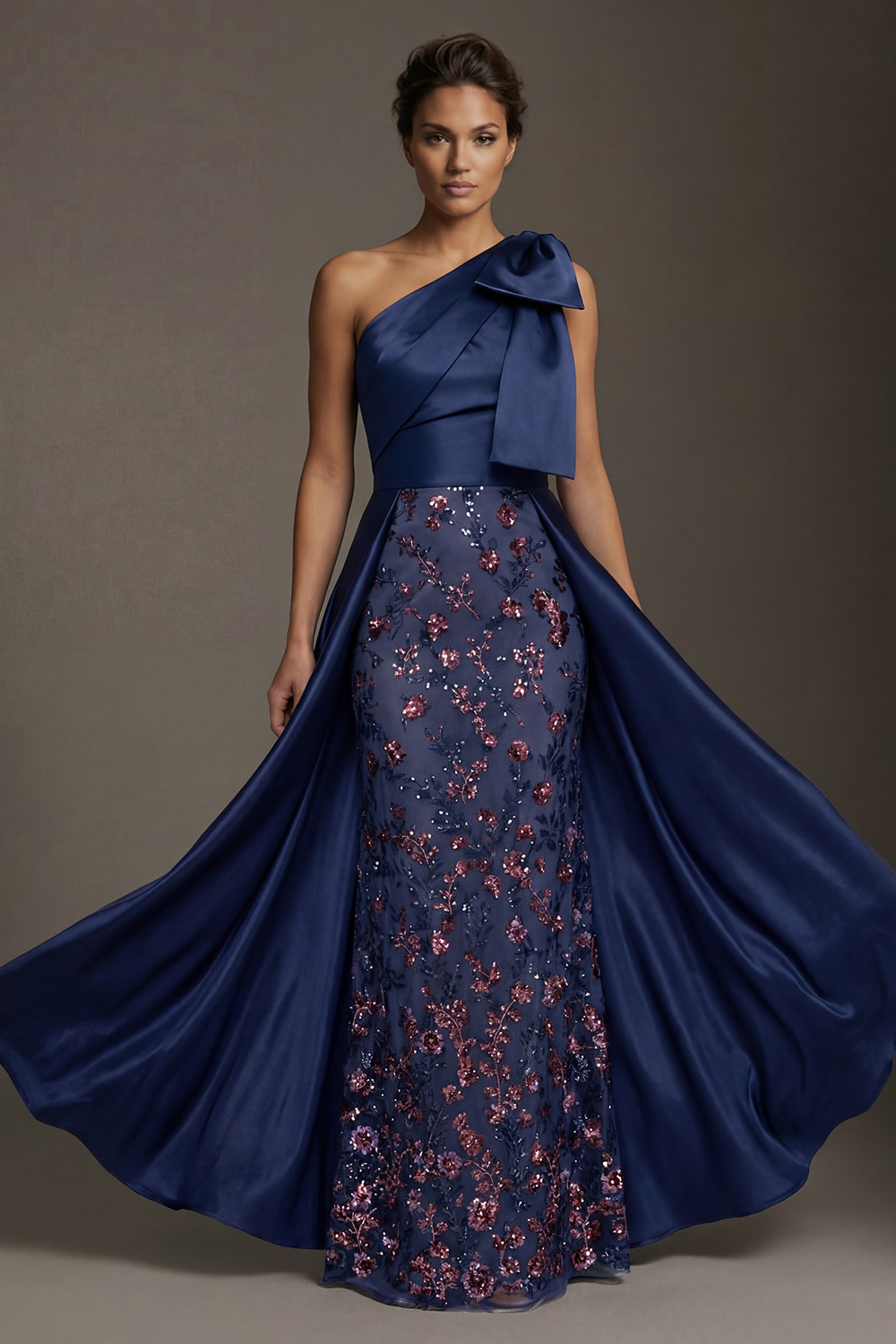 Sparkly Navy Long Mermaid Floral Mother of the Bride or Groom Dress with Bow