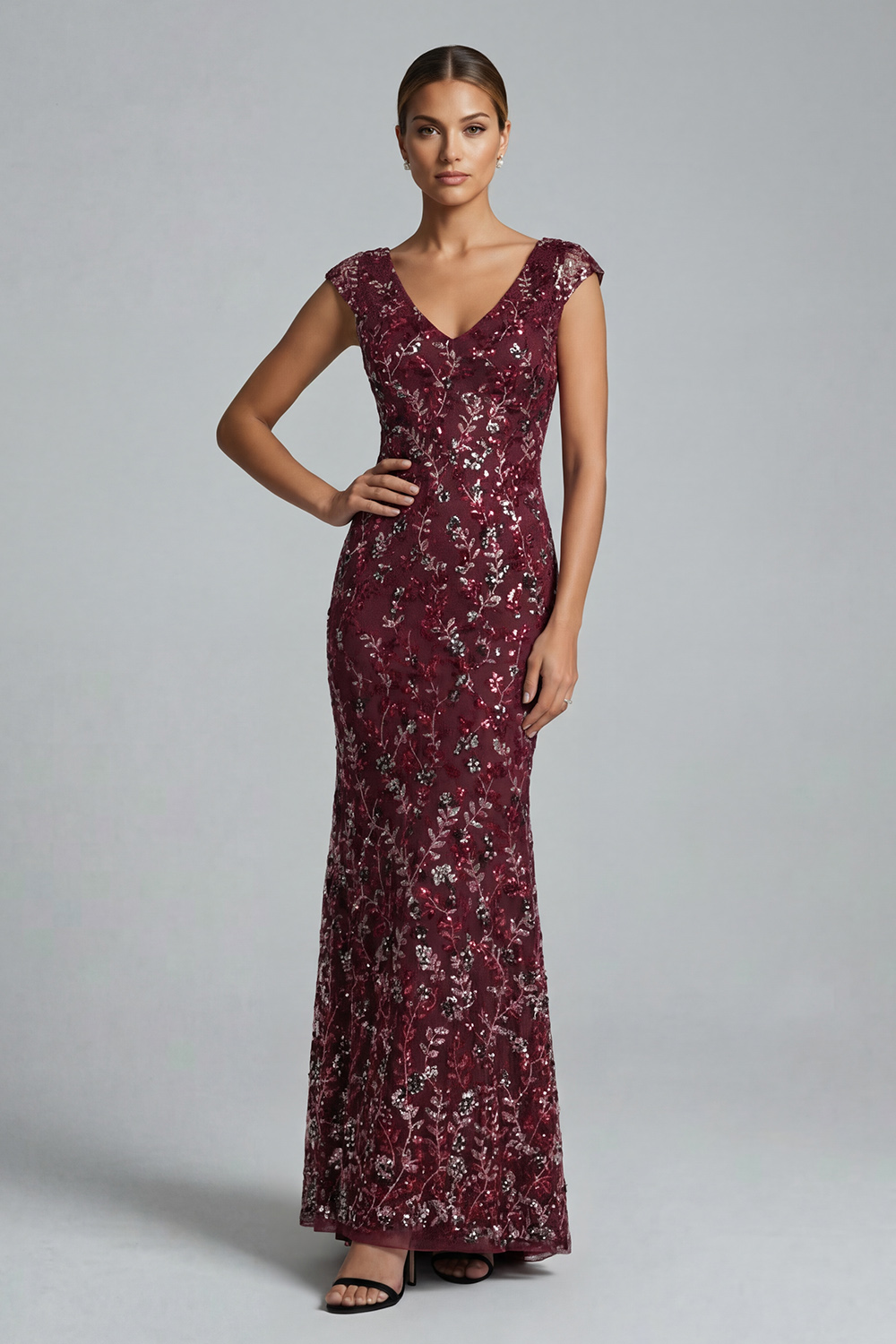 Burgundy Long Mermaid Sparkly Floral Mother of the Bride or Groom Dress