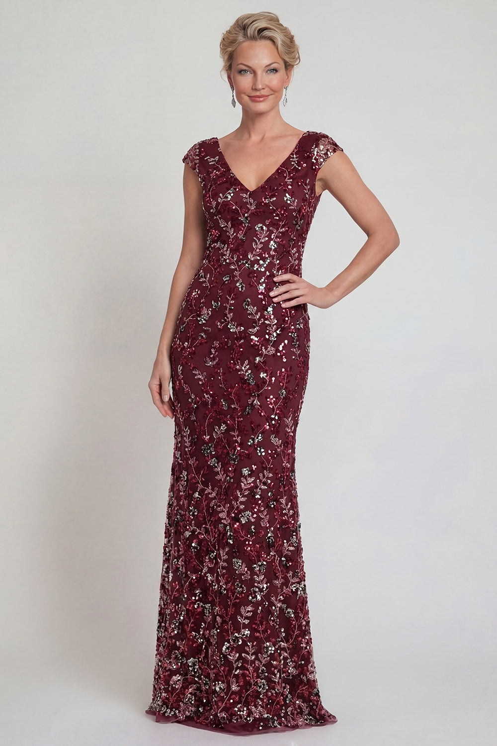 Burgundy Long Mermaid Sparkly Floral Mother of the Bride or Groom Dress