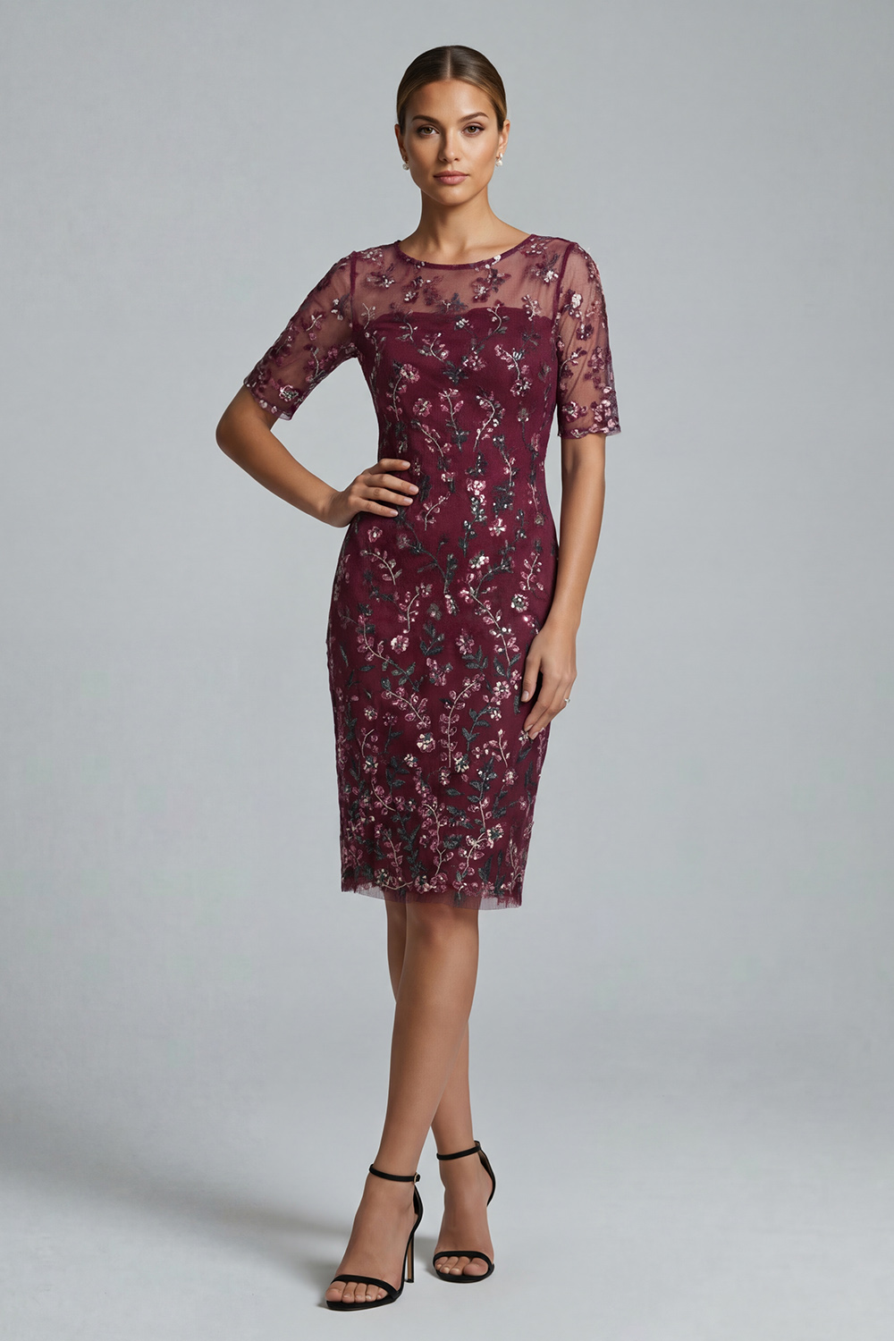 Burgundy Short Bodycon Appliqued Sparkly Mother of the Bride or Groom Dress