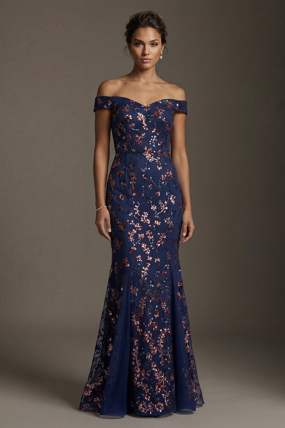 Sparkly Navy Long Mermaid Floral Lace Mother of the Bride or Groom Dress
