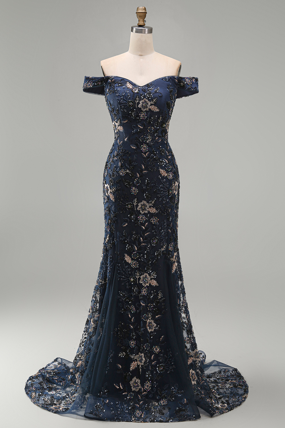 Sparkly Navy Long Mermaid Floral Lace Mother of the Bride or Groom Dress