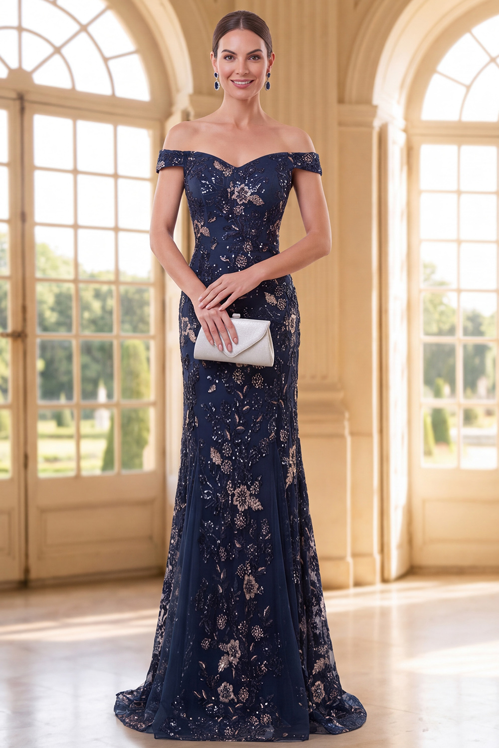 Sparkly Navy Long Mermaid Floral Lace Mother of the Bride or Groom Dress
