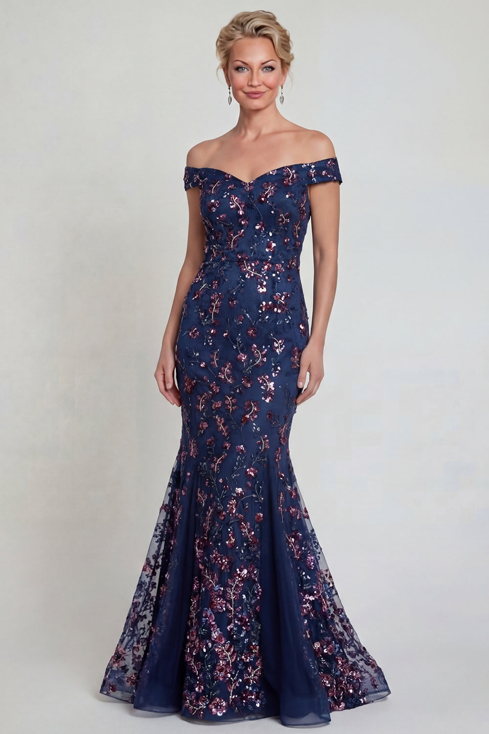 Sparkly Navy Long Mermaid Floral Lace Mother of the Bride or Groom Dress
