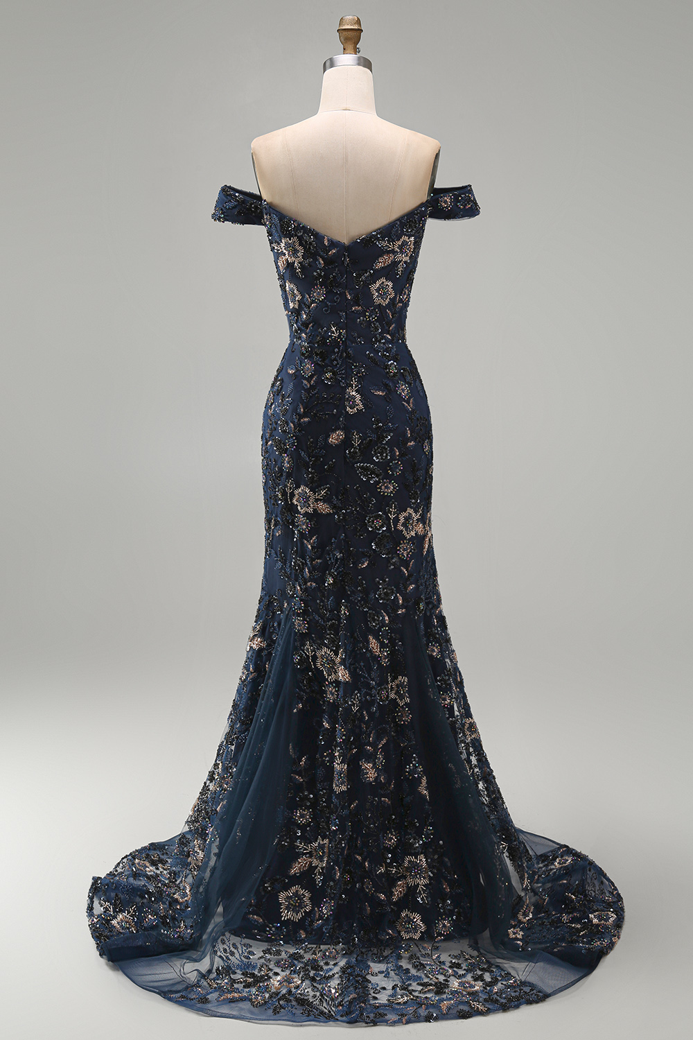 Sparkly Navy Long Mermaid Floral Lace Mother of the Bride or Groom Dress