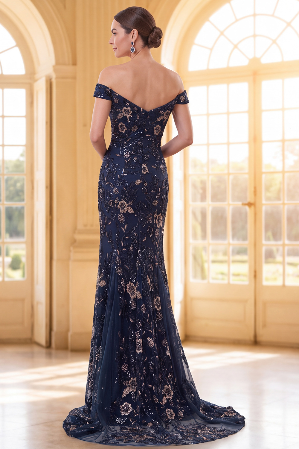 Sparkly Navy Long Mermaid Floral Lace Mother of the Bride or Groom Dress