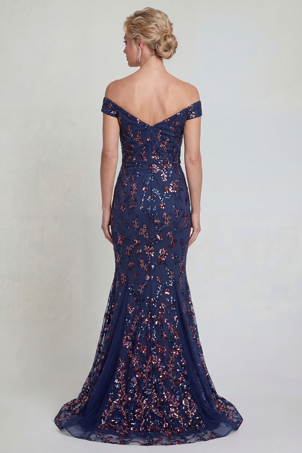 Sparkly Navy Long Mermaid Floral Lace Mother of the Bride or Groom Dress