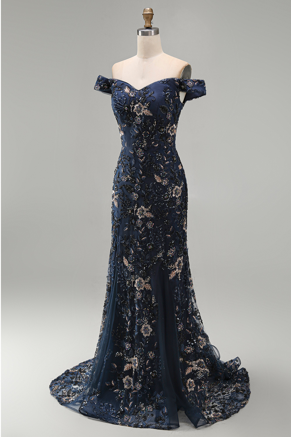 Sparkly Navy Long Mermaid Floral Lace Mother of the Bride or Groom Dress
