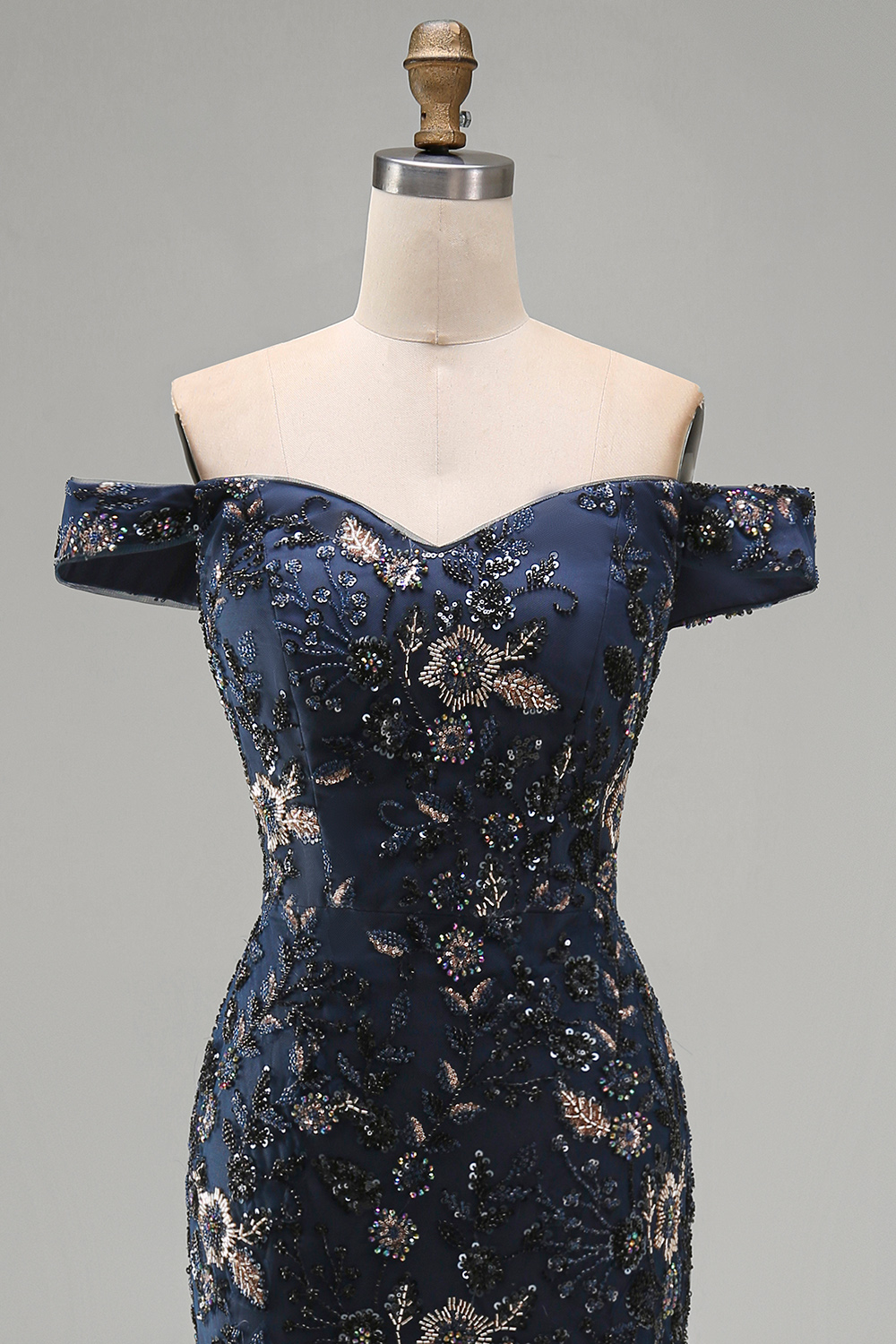 Sparkly Navy Long Mermaid Floral Lace Mother of the Bride or Groom Dress