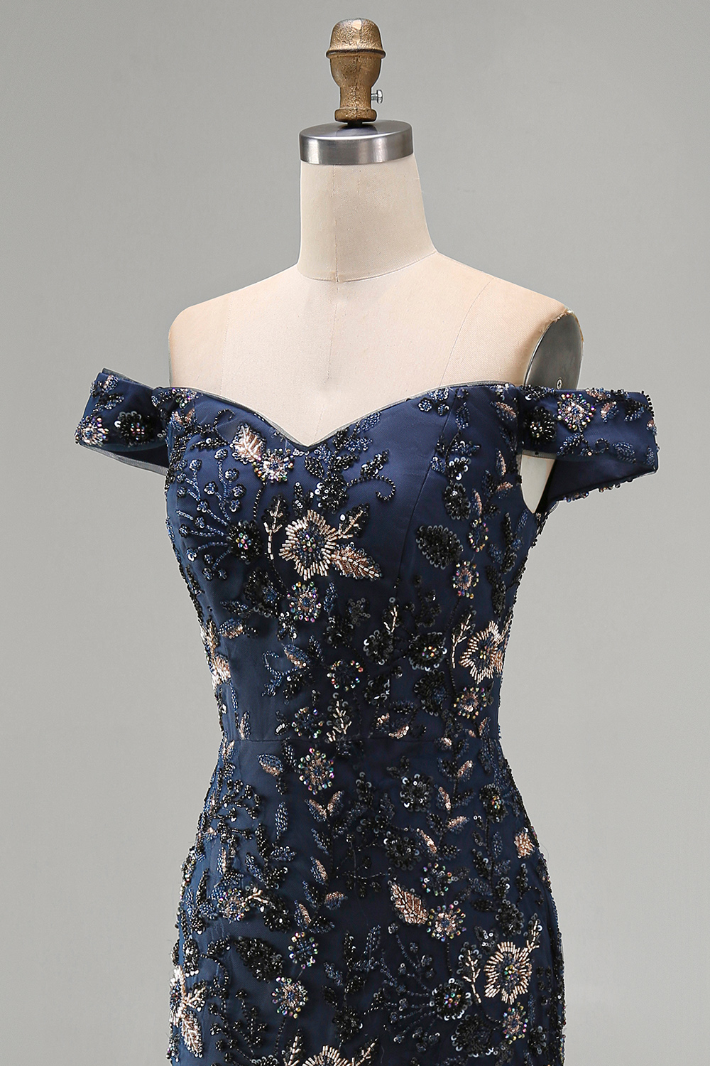 Sparkly Navy Long Mermaid Floral Lace Mother of the Bride or Groom Dress