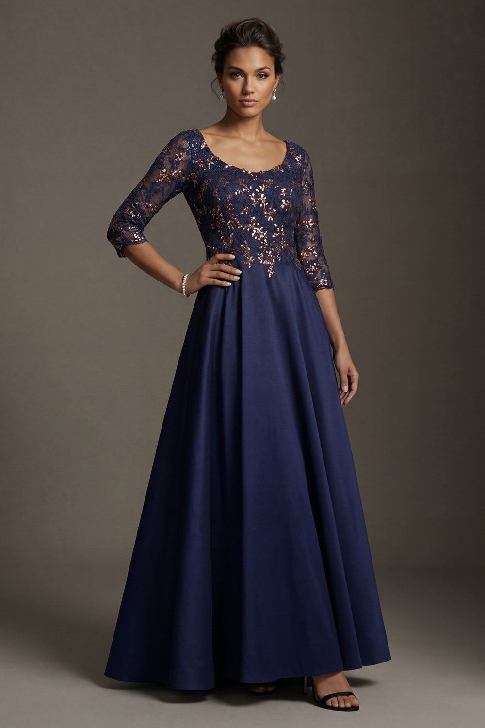 Sparkly Navy Scoop Neck Long A Line Mother of the Bride or Groom Dress with Lace