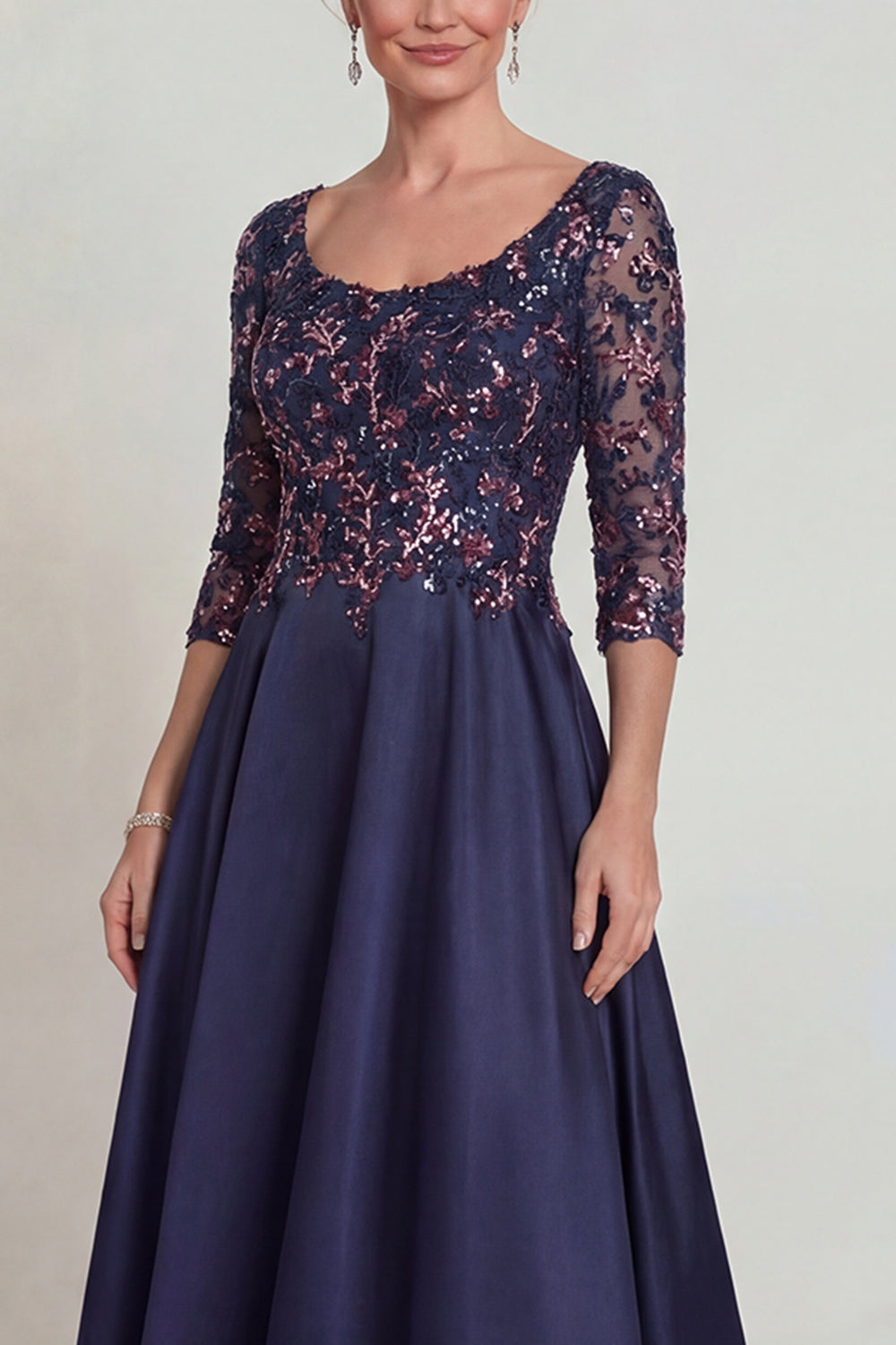Sparkly Navy Scoop Neck Long A Line Mother of the Bride or Groom Dress with Lace