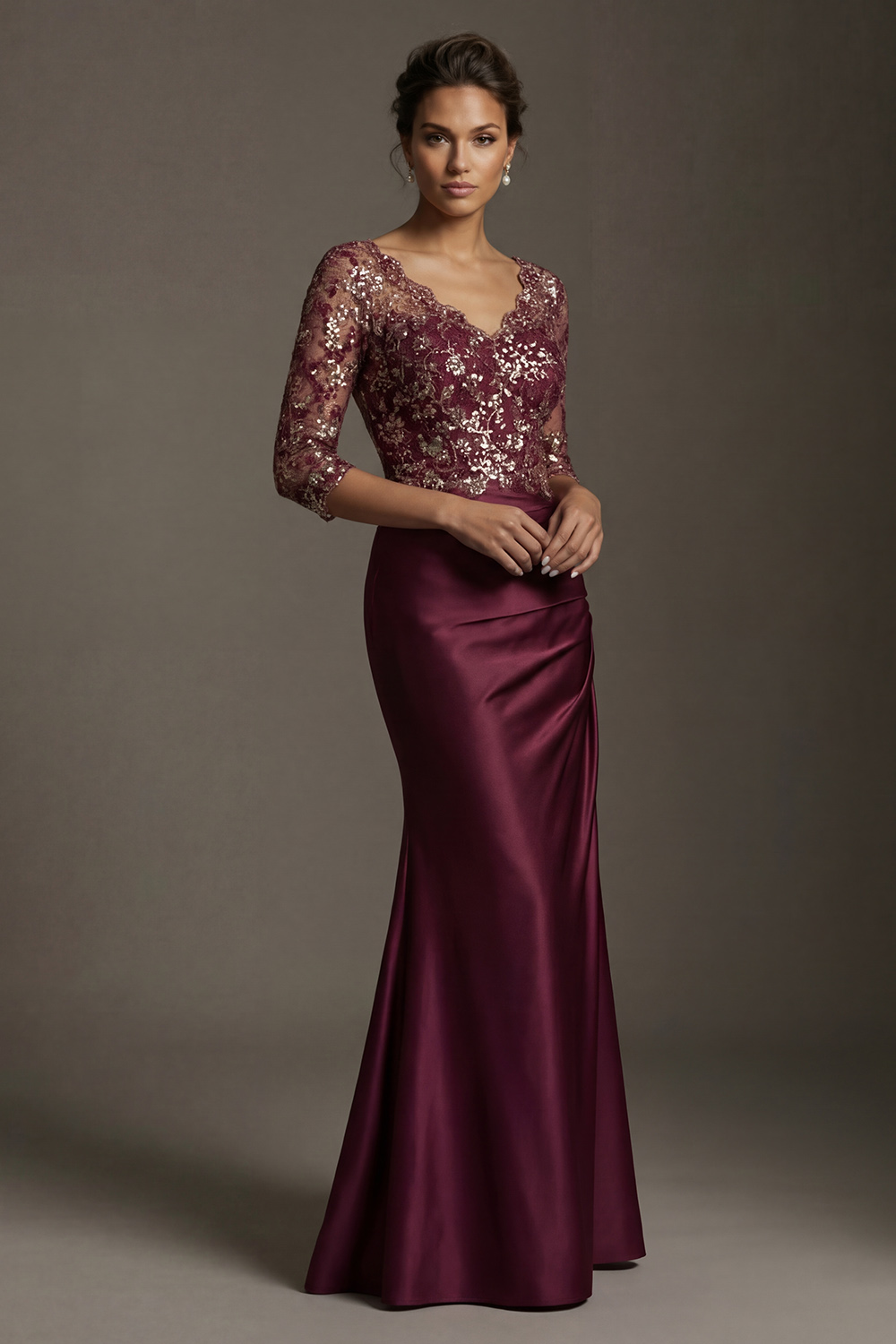 Sparkly Burgundy Long Floral Mermaid V Neck Mother of the Bride or Groom Dress