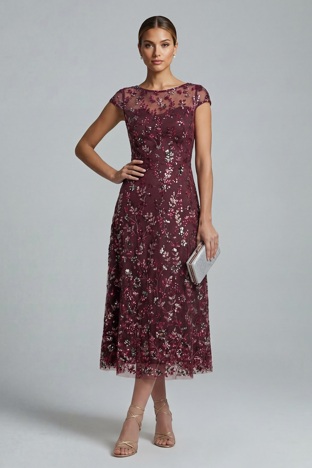 Sparkly Burgundy Midi A Line Boat Neck Floral Mother of the Bride or Groom Dress