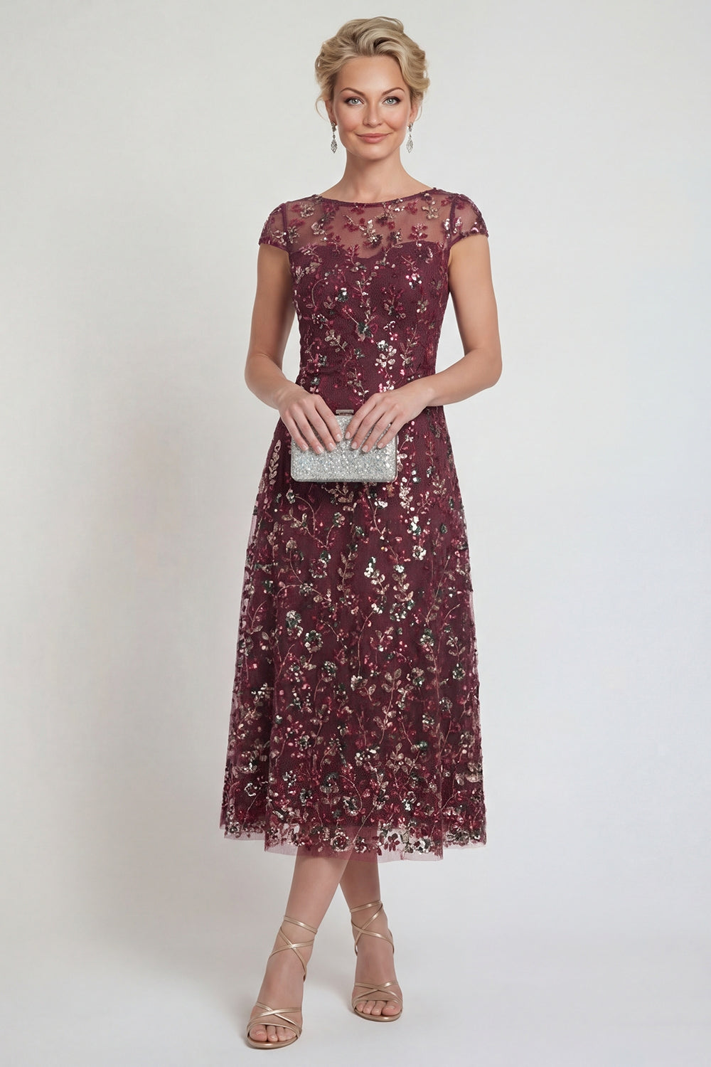Sparkly Burgundy Midi A Line Boat Neck Floral Mother of the Bride or Groom Dress