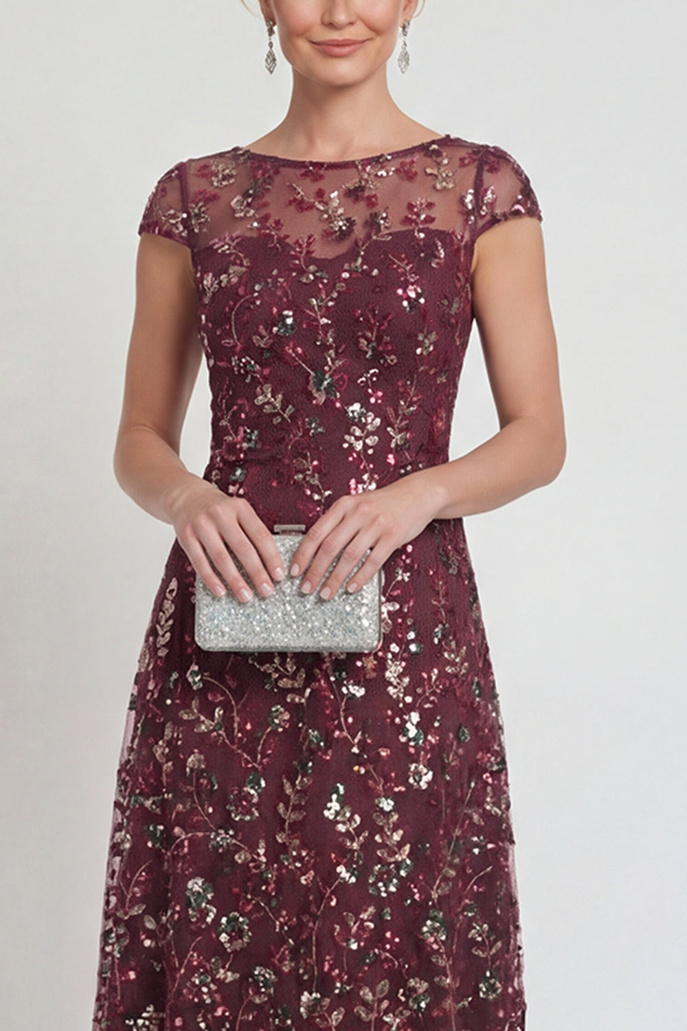 Sparkly Burgundy Midi A Line Boat Neck Floral Mother of the Bride or Groom Dress