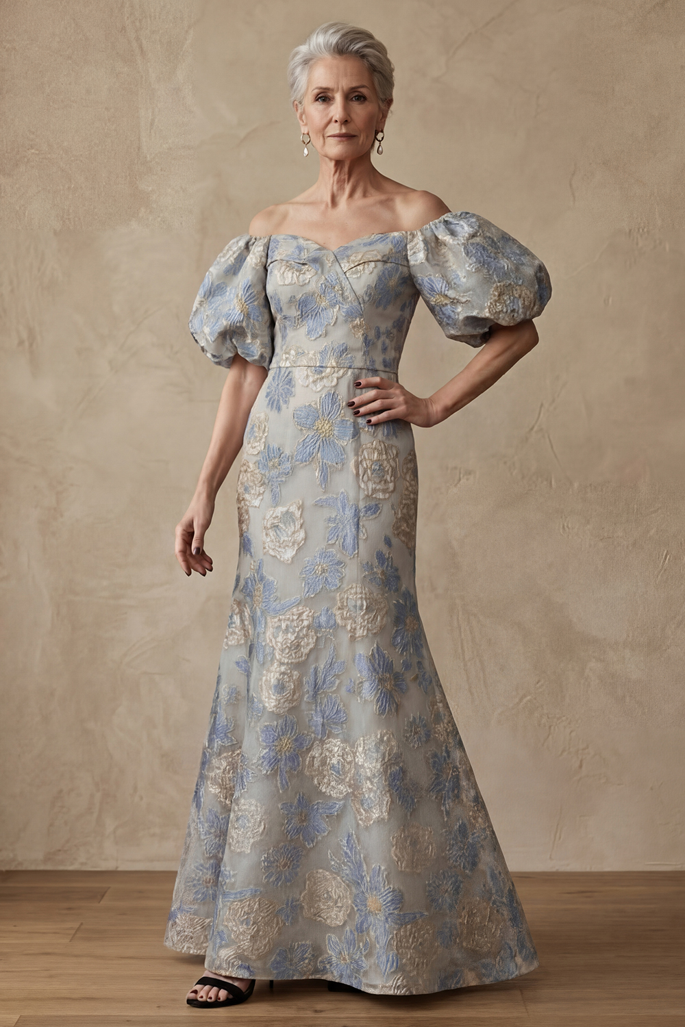 Dusty Blue Long Mermaid Floral Off the Shoulder Mother of the Bride or Groom Dress