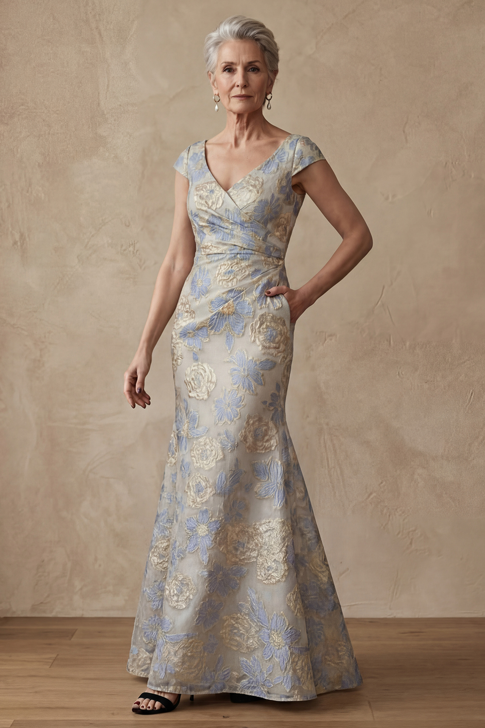 Dusty Blue Cap Sleeves Long Mermaid Floral Mother of the Bride or Groom Dress