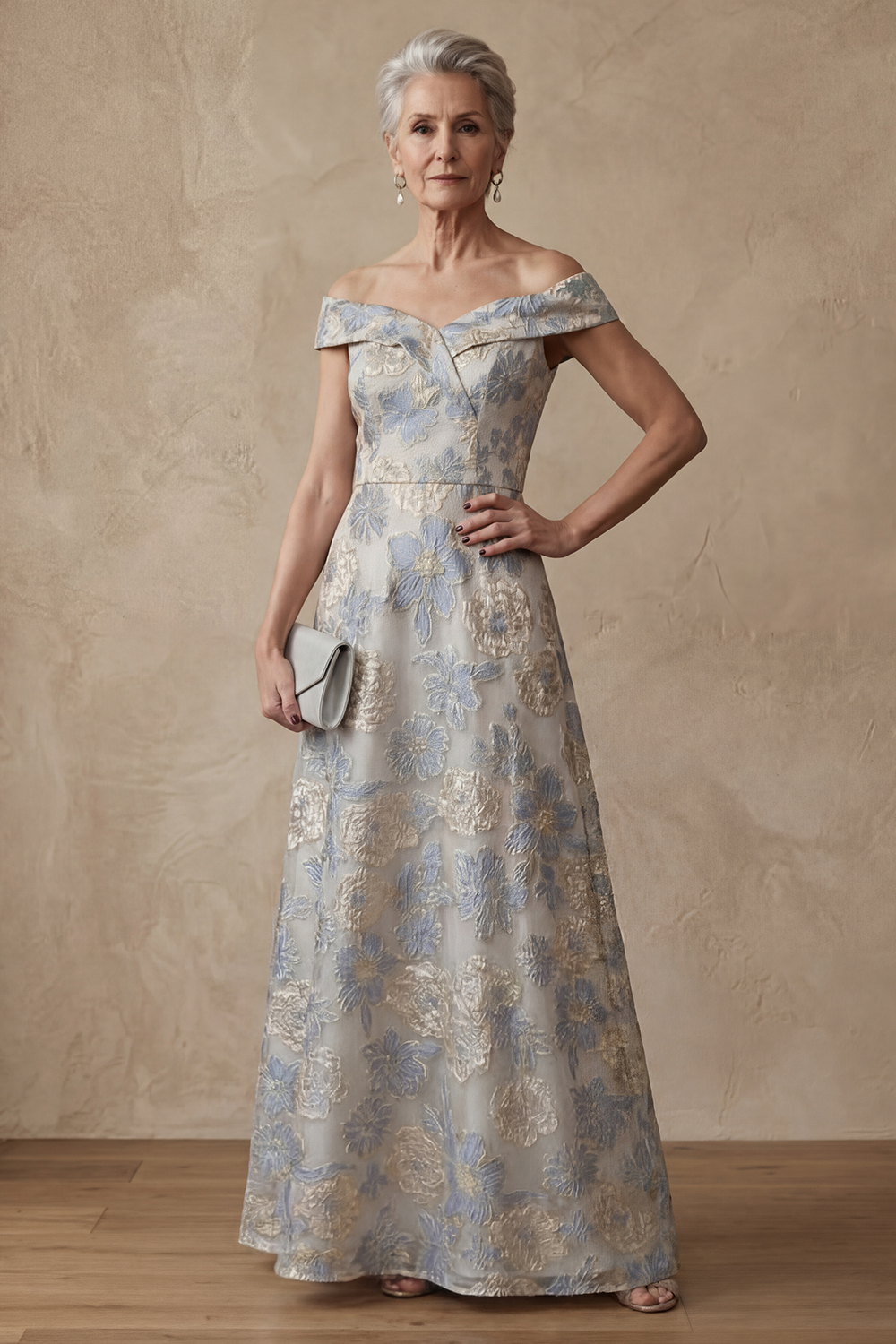 Dusty Blue Off the Shoulder Floral A Line Long Mother of the Bride or Groom Dress