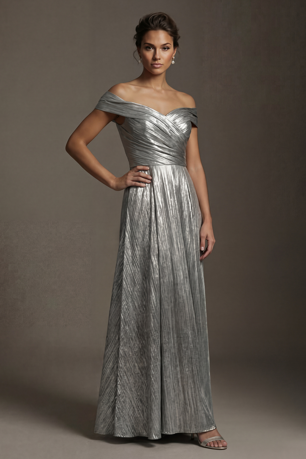 Grey Silver Long A Line Off the Shoulder Mother of the Bride or Groom Dress